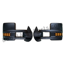 Load image into Gallery viewer, boost auto parts tow towing mirrors mirror chevy gm gmc silverado sierra 1500 2500hd duramax black chrome smoked amber paint to match white boost auto parts boostautoparts.com