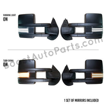 Load image into Gallery viewer, boost auto parts tow towing mirrors mirror chevy gm gmc silverado sierra 1500 2500hd duramax black chrome smoked amber paint to match white boost auto parts boostautoparts.com