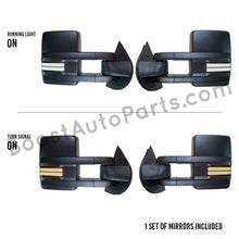 Load image into Gallery viewer, boost auto parts tow towing mirrors mirror chevy gm gmc silverado sierra 1500 2500hd duramax black chrome smoked amber paint to match white boost auto parts boostautoparts.com