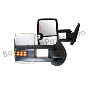 boost auto parts tow towing mirrors mirror chevy gm gmc silverado sierra 1500 2500hd duramax black chrome smoked amber paint to match white boost auto parts boostautoparts.com