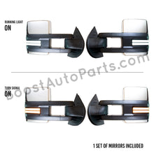 Load image into Gallery viewer, boost auto parts tow towing mirrors mirror chevy gm gmc silverado sierra 1500 2500hd duramax black chrome smoked amber paint to match white boost auto parts boostautoparts.com