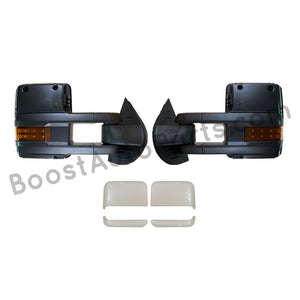 boost auto parts tow towing mirrors mirror chevy gm gmc silverado sierra 1500 2500hd duramax black chrome smoked amber paint to match white boost auto parts boostautoparts.com