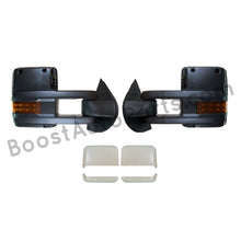 Load image into Gallery viewer, boost auto parts tow towing mirrors mirror chevy gm gmc silverado sierra 1500 2500hd duramax black chrome smoked amber paint to match white boost auto parts boostautoparts.com