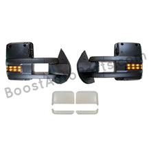 Load image into Gallery viewer, boost auto parts tow towing mirrors mirror chevy gm gmc silverado sierra 1500 2500hd duramax black chrome smoked amber paint to match white boost auto parts boostautoparts.com