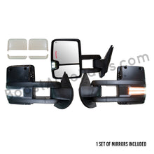 Load image into Gallery viewer, boost auto parts tow towing mirrors mirror chevy gm gmc silverado sierra 1500 2500hd duramax black chrome smoked amber paint to match white boost auto parts boostautoparts.com