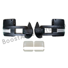 Load image into Gallery viewer, boost auto parts tow towing mirrors mirror chevy gm gmc silverado sierra 1500 2500hd duramax black chrome smoked amber paint to match white boost auto parts boostautoparts.com