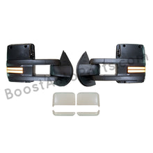 Load image into Gallery viewer, boost auto parts tow towing mirrors mirror chevy gm gmc silverado sierra 1500 2500hd duramax black chrome smoked amber paint to match white boost auto parts boostautoparts.com