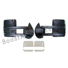 Load image into Gallery viewer, boost auto parts tow towing mirrors mirror chevy gm gmc silverado sierra 1500 2500hd duramax black chrome smoked amber paint to match white boost auto parts boostautoparts.com