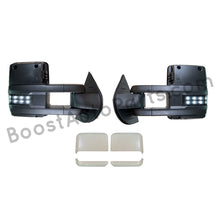 Load image into Gallery viewer, boost auto parts tow towing mirrors mirror chevy gm gmc silverado sierra 1500 2500hd duramax black chrome smoked amber paint to match white boost auto parts boostautoparts.com