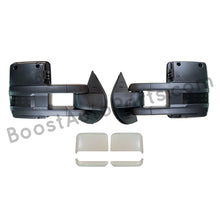 Load image into Gallery viewer, boost auto parts tow towing mirrors mirror chevy gm gmc silverado sierra 1500 2500hd duramax black chrome smoked amber paint to match white boost auto parts boostautoparts.com