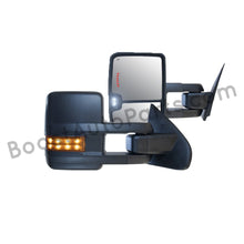 Load image into Gallery viewer, boost auto parts tow towing mirrors mirror chevy gm gmc silverado sierra 1500 2500hd duramax black chrome smoked amber paint to match white boost auto parts boostautoparts.com 2014