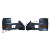 Load image into Gallery viewer, boost auto parts tow towing mirrors mirror chevy gm gmc silverado sierra 1500 2500hd duramax black chrome smoked amber paint to match white boost auto parts boostautoparts.com 2014