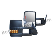 Load image into Gallery viewer, boost auto parts tow towing mirrors mirror chevy gm gmc silverado sierra 1500 2500hd duramax black chrome smoked amber paint to match white boost auto parts boostautoparts.com 03 04 05 06 07 2003 2004 2005 2006 2007