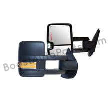 Load image into Gallery viewer, boost auto parts tow towing mirrors mirror chevy gm gmc silverado sierra 1500 2500hd duramax black chrome smoked amber paint to match white boost auto parts boostautoparts.com