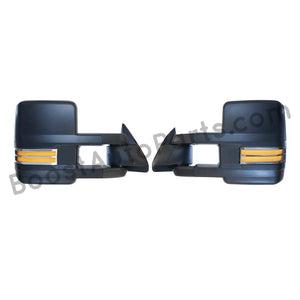 boost auto parts tow towing mirrors mirror chevy gm gmc silverado sierra 1500 2500hd duramax black chrome smoked amber paint to match white boost auto parts boostautoparts.com 1988 1989 1990 1991 1992 1993 1994 1995 1996 1997 1998