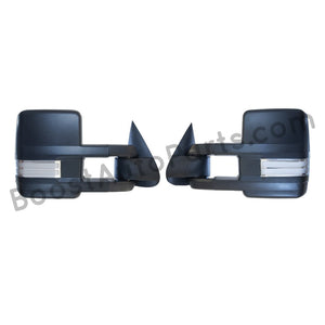 boost auto parts tow towing mirrors mirror chevy gm gmc silverado sierra 1500 2500hd duramax black chrome smoked amber paint to match white boost auto parts boostautoparts.com 1999 2000 2001 2002