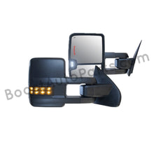 Load image into Gallery viewer, boost auto parts tow towing mirrors mirror chevy gm gmc silverado sierra 1500 2500hd duramax black chrome smoked amber paint to match white boost auto parts boostautoparts.com 2014