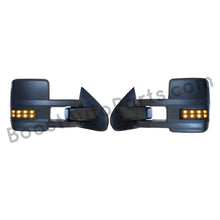 Load image into Gallery viewer, boost auto parts tow towing mirrors mirror chevy gm gmc silverado sierra 1500 2500hd duramax black chrome smoked amber paint to match white boost auto parts boostautoparts.com 2014