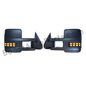 boost auto parts tow towing mirrors mirror chevy gm gmc silverado sierra 1500 2500hd duramax black chrome smoked amber paint to match white boost auto parts boostautoparts.com 1999 2000 2001 2002