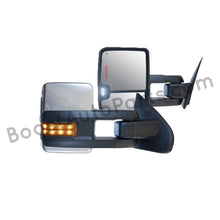 Load image into Gallery viewer, boost auto parts tow towing mirrors mirror chevy gm gmc silverado sierra 1500 2500hd duramax black chrome smoked amber paint to match white boost auto parts boostautoparts.com 2014