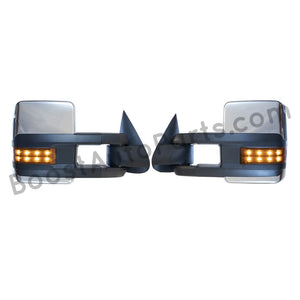 boost auto parts tow towing mirrors mirror chevy gm gmc silverado sierra 1500 2500hd duramax black chrome smoked amber paint to match white boost auto parts boostautoparts.com 03 04 05 06 07 2003 2004 2005 2006 2007