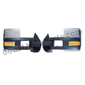 boost auto parts tow towing mirrors mirror chevy gm gmc silverado sierra 1500 2500hd duramax black chrome smoked amber paint to match white boost auto parts boostautoparts.com