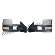 Load image into Gallery viewer, boost auto parts tow towing mirrors mirror chevy gm gmc silverado sierra 1500 2500hd duramax black chrome smoked amber paint to match white boost auto parts boostautoparts.com 2014