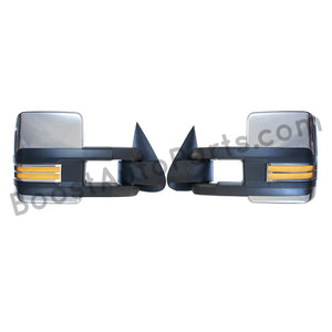 boost auto parts tow towing mirrors mirror chevy gm gmc silverado sierra 1500 2500hd duramax black chrome smoked amber paint to match white boost auto parts boostautoparts.com 1999 2000 2001 2002