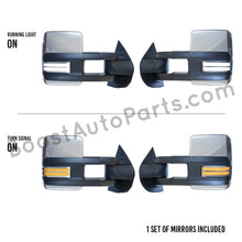 Load image into Gallery viewer, boost auto parts tow towing mirrors mirror chevy gm gmc silverado sierra 1500 2500hd duramax black chrome smoked amber paint to match white boost auto parts boostautoparts.com