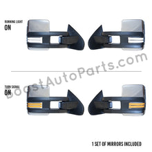 Load image into Gallery viewer, boost auto parts tow towing mirrors mirror chevy gm gmc silverado sierra 1500 2500hd duramax black chrome smoked amber paint to match white boost auto parts boostautoparts.com 2014