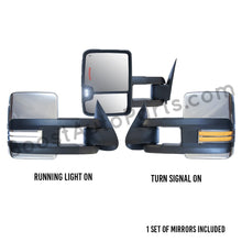 Load image into Gallery viewer, boost auto parts tow towing mirrors mirror chevy gm gmc silverado sierra 1500 2500hd duramax black chrome smoked amber paint to match white boost auto parts boostautoparts.com 03 04 05 06 07 2003 2004 2005 2006 2007