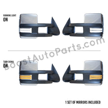 Load image into Gallery viewer, boost auto parts tow towing mirrors mirror chevy gm gmc silverado sierra 1500 2500hd duramax black chrome smoked amber paint to match white boost auto parts boostautoparts.com 1999 2000 2001 2002