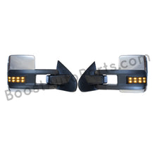 Load image into Gallery viewer, boost auto parts tow towing mirrors mirror chevy gm gmc silverado sierra 1500 2500hd duramax black chrome smoked amber paint to match white boost auto parts boostautoparts.com 2014