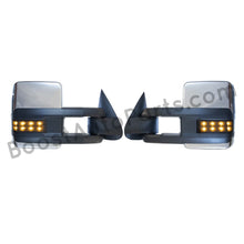 Load image into Gallery viewer, boost auto parts tow towing mirrors mirror chevy gm gmc silverado sierra 1500 2500hd duramax black chrome smoked amber paint to match white boost auto parts boostautoparts.com 03 04 05 06 07 2003 2004 2005 2006 2007