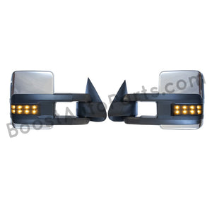 boost auto parts tow towing mirrors mirror chevy gm gmc silverado sierra 1500 2500hd duramax black chrome smoked amber paint to match white boost auto parts boostautoparts.com 03 04 05 06 07 2003 2004 2005 2006 2007