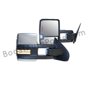 boost auto parts tow towing mirrors mirror chevy gm gmc silverado sierra 1500 2500hd duramax black chrome smoked amber paint to match white boost auto parts boostautoparts.com 2014