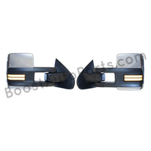 Load image into Gallery viewer, boost auto parts tow towing mirrors mirror chevy gm gmc silverado sierra 1500 2500hd duramax black chrome smoked amber paint to match white boost auto parts boostautoparts.com 2014