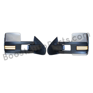 boost auto parts tow towing mirrors mirror chevy gm gmc silverado sierra 1500 2500hd duramax black chrome smoked amber paint to match white boost auto parts boostautoparts.com 2014