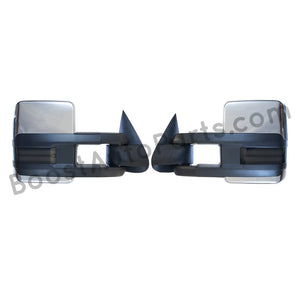 boost auto parts tow towing mirrors mirror chevy gm gmc silverado sierra 1500 2500hd duramax black chrome smoked amber paint to match white boost auto parts boostautoparts.com 03 04 05 06 07 2003 2004 2005 2006 2007