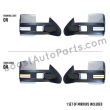 Load image into Gallery viewer, boost auto parts tow towing mirrors mirror chevy gm gmc silverado sierra 1500 2500hd duramax black chrome smoked amber paint to match white boost auto parts boostautoparts.com 2014