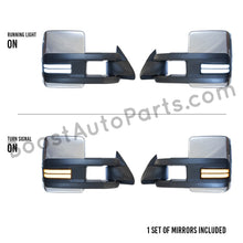 Load image into Gallery viewer, boost auto parts tow towing mirrors mirror chevy gm gmc silverado sierra 1500 2500hd duramax black chrome smoked amber paint to match white boost auto parts boostautoparts.com 1988 1989 1990 1991 1992 1993 1994 1995 1996 1997 1998