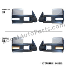 Load image into Gallery viewer, boost auto parts tow towing mirrors mirror chevy gm gmc silverado sierra 1500 2500hd duramax black chrome smoked amber paint to match white boost auto parts boostautoparts.com 1999 2000 2001 2002