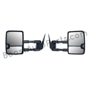 boost auto parts tow towing mirrors mirror chevy gm gmc silverado sierra 1500 2500hd duramax black chrome smoked amber paint to match white boost auto parts boostautoparts.com 03 04 05 06 07 2003 2004 2005 2006 2007