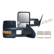 Load image into Gallery viewer, boost auto parts tow towing mirrors mirror chevy gm gmc silverado sierra 1500 2500hd duramax black chrome smoked amber paint to match white boost auto parts boostautoparts.com 2014