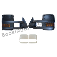 Load image into Gallery viewer, boost auto parts tow towing mirrors mirror chevy gm gmc silverado sierra 1500 2500hd duramax black chrome smoked amber paint to match white boost auto parts boostautoparts.com 1999 2000 2001 2002