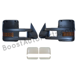 boost auto parts tow towing mirrors mirror chevy gm gmc silverado sierra 1500 2500hd duramax black chrome smoked amber paint to match white boost auto parts boostautoparts.com 1999 2000 2001 2002