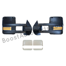 Load image into Gallery viewer, boost auto parts tow towing mirrors mirror chevy gm gmc silverado sierra 1500 2500hd duramax black chrome smoked amber paint to match white boost auto parts boostautoparts.com