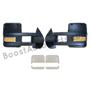 boost auto parts tow towing mirrors mirror chevy gm gmc silverado sierra 1500 2500hd duramax black chrome smoked amber paint to match white boost auto parts boostautoparts.com