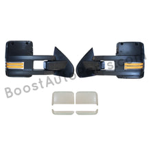 Load image into Gallery viewer, boost auto parts tow towing mirrors mirror chevy gm gmc silverado sierra 1500 2500hd duramax black chrome smoked amber paint to match white boost auto parts boostautoparts.com 2014