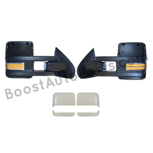 boost auto parts tow towing mirrors mirror chevy gm gmc silverado sierra 1500 2500hd duramax black chrome smoked amber paint to match white boost auto parts boostautoparts.com 2014